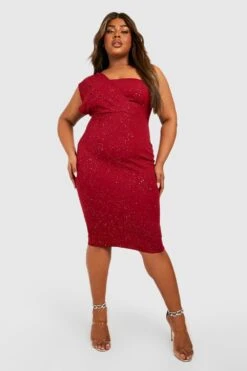 Vestito Midi Plus Size Monospalla Metallizzato -Negozio al dettaglio Vestiti gzz40845 wine xl 2