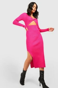 Vestito Midi In Maglia A Coste Con Nodo Frontale E Cut-out