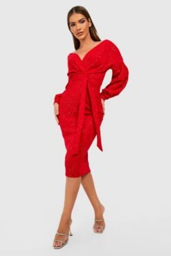 Vestito Scaldacuore Midi Glitterato Con Spalle Scoperte -Negozio al dettaglio Vestiti gzz40985 red xl 2