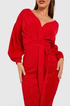 Vestito Scaldacuore Midi Glitterato Con Spalle Scoperte -Negozio al dettaglio Vestiti gzz40985 red xl 3