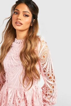 Vestito Skater A Collo Alto In Pizzo Con Maniche Svasate -Negozio al dettaglio Vestiti gzz41095 blush xl 3