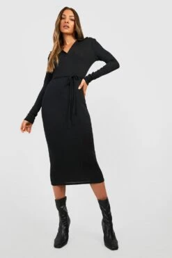 Vestito A Maniche Lunghe A Coste Morbide Con Cintura