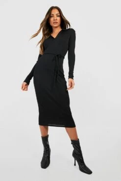 Vestito A Maniche Lunghe A Coste Morbide Con Cintura 6 Vestito A Maniche Lunghe A Coste Morbide Con Cintura -Negozio al dettaglio Vestiti gzz41111 black xl 2