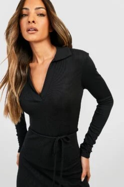 Vestito A Maniche Lunghe A Coste Morbide Con Cintura 7 Vestito A Maniche Lunghe A Coste Morbide Con Cintura -Negozio al dettaglio Vestiti gzz41111 black xl 3