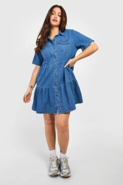 Vestito Grembiule Plus Size In Denim Con Balze