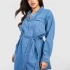 Vestito Camicia Plus Size In Denim Con Fascia Allacciata In Vita