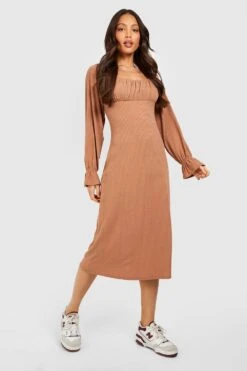 Vestito Midi Tall A Coste Morbide Con Maniche Lunghe E Ruches Sul Busto