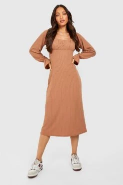 Vestito Midi Tall A Coste Morbide Con Maniche Lunghe E Ruches Sul Busto -Negozio al dettaglio Vestiti gzz41455 stone xl 2