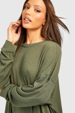 Vestito T-shirt Tall A Coste Morbide Con Maniche Lunghe -Negozio al dettaglio Vestiti gzz41456 khaki xl 3