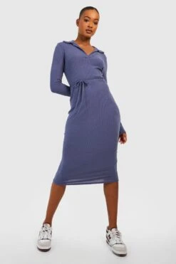 Vestito Midi Tall A Coste Morbide Con Colletto E Cintura In Tessuto