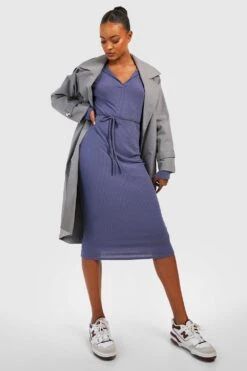 Vestito Midi Tall A Coste Morbide Con Colletto E Cintura In Tessuto -Negozio al dettaglio Vestiti gzz41458 navy xl 2