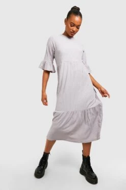 Vestito Grembiule Midi Tall A Coste Morbide Con Maniche Arricciate E Balze -Negozio al dettaglio Vestiti gzz41459 grey xl 2