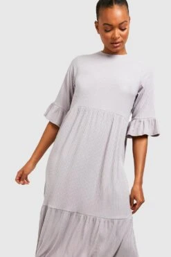 Vestito Grembiule Midi Tall A Coste Morbide Con Maniche Arricciate E Balze -Negozio al dettaglio Vestiti gzz41459 grey xl 3