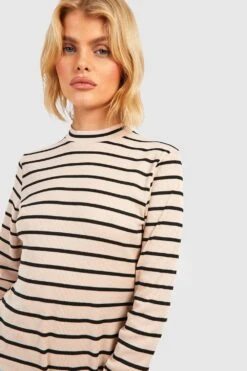 Vestito Scampanato A Collo Alto In Maglia A Coste A Righe -Negozio al dettaglio Vestiti gzz41768 stone xl 3