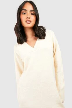 Vestito Longuette In Maglia Morbida Premium Extra Comoda Con Scollo A V -Negozio al dettaglio Vestiti gzz42707 cream xl 3