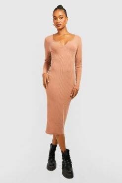 Vestito Midi Tall A Coste Morbide Con Maniche Lunghe E Intaglio Sullo Scollo 6 Vestito Midi Tall A Coste Morbide Con Maniche Lunghe E Intaglio Sullo Scollo -Negozio al dettaglio Vestiti gzz43914 stone xl 2