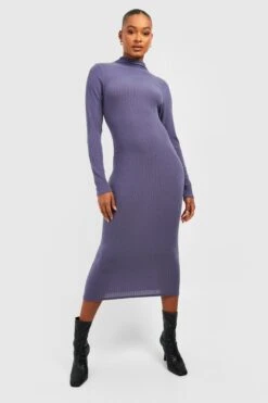 Vestito Midi Tall A Coste Morbide Con Maniche Lunghe E Collo A Imbuto