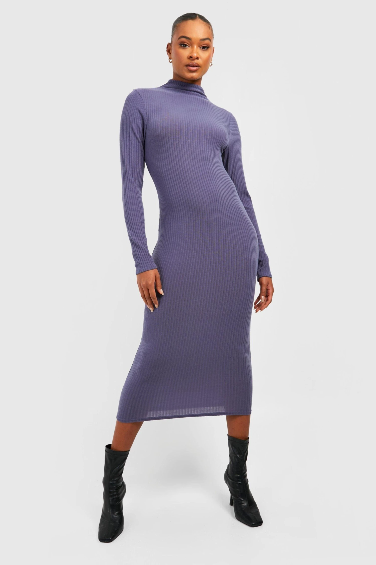 Vestito Midi Tall A Coste Morbide Con Maniche Lunghe E Collo A Imbuto 1 Vestito Midi Tall A Coste Morbide Con Maniche Lunghe E Collo A Imbuto