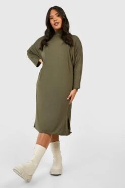 Vestito T-shirt Midi A Collo Alto Plus Size Con Spacco -Negozio al dettaglio Vestiti gzz44218 khaki xl 2
