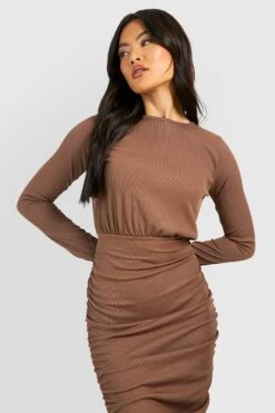 Vestito Midi A Coste Con Maniche Lunghe E Ruches -Negozio al dettaglio Vestiti gzz45062 chocolate xl 3