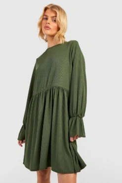 Vestito Grembiule A Coste Con Maniche Lunghe