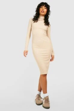 Vestito Midi A Coste Spazzolato Con Cut-out E Collo Alto