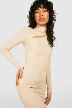 Vestito Midi A Coste Spazzolato Con Cut-out E Collo Alto -Negozio al dettaglio Vestiti gzz45568 stone xl 2