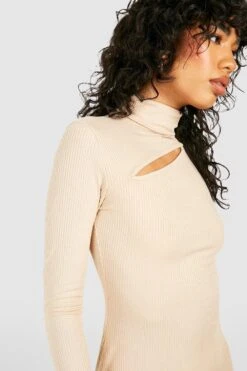 Vestito Midi A Coste Spazzolato Con Cut-out E Collo Alto -Negozio al dettaglio Vestiti gzz45568 stone xl 3