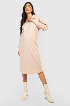 Vestito In Maglia Midi Premaman A Coste Morbide Con Colletto Stile Polo -Negozio al dettaglio Vestiti gzz45910 stone xl 2