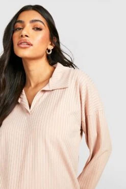 Vestito In Maglia Midi Premaman A Coste Morbide Con Colletto Stile Polo -Negozio al dettaglio Vestiti gzz45910 stone xl 3