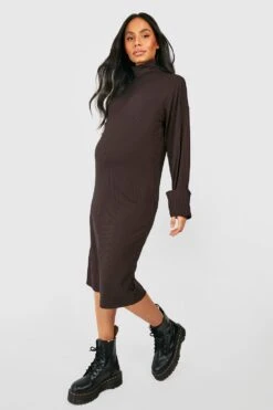Vestito In Maglia Midi Premaman A Coste Morbide Con Collo Alto