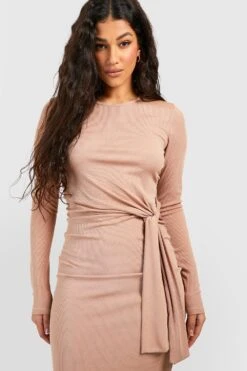 Vestito Midi Drappeggiato A Maniche Lunghe -Negozio al dettaglio Vestiti gzz46094 taupe xl 2