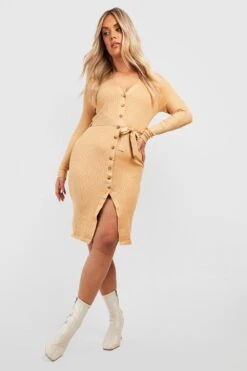 Vestito In Maglia Midi Plus Size Con Cintura -Negozio al dettaglio Vestiti gzz46486 camel xl 2