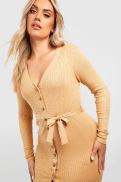 Vestito In Maglia Midi Plus Size Con Cintura -Negozio al dettaglio Vestiti gzz46486 camel xl 3