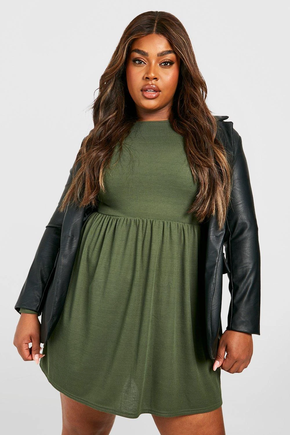 Vestito Skater Plus Size Basic A Coste A Maniche Lunghe 1 Vestito Skater Plus Size Basic A Coste A Maniche Lunghe