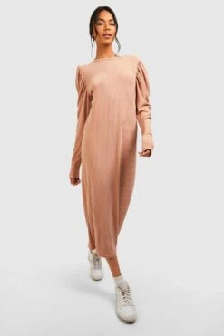 Vestito Longuette A Coste Morbide Con Ruches Sulle Maniche