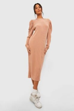 Vestito Longuette A Coste Morbide Con Ruches Sulle Maniche -Negozio al dettaglio Vestiti gzz46688 stone xl 2