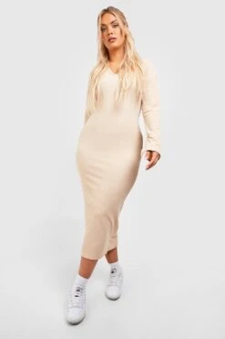 Vestito Longuette Plus Size A Coste A Effetto Goffrato Con Scollo A V E Polsini Con Spacco -Negozio al dettaglio Vestiti gzz46917 sand xl 2