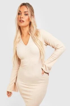 Vestito Longuette Plus Size A Coste A Effetto Goffrato Con Scollo A V E Polsini Con Spacco -Negozio al dettaglio Vestiti gzz46917 sand xl 3