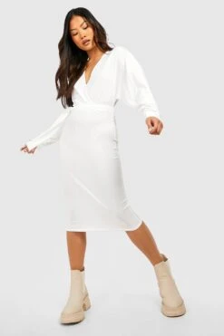 Vestito Midi Petite A Coste Ampie Con Maniche Ad Ala Di Pipistrello E Cintura