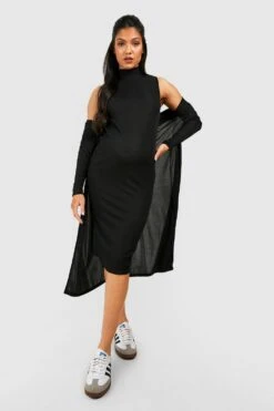 Set Vestito Midi Premaman A Coste Con Collo A Imbuto & Spolverino Coordinato