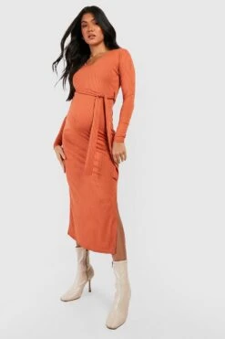 Vestito Longuette Premaman A Coste Morbide Con Scollo A V