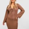 Vestito Midi Plus Size A Coste Con Laccetti Frontali E Maniche Svasate