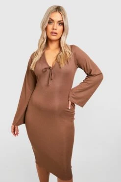 Vestito Midi Plus Size A Coste Con Laccetti Frontali E Maniche Svasate