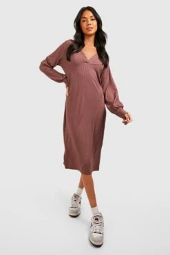 Vestito In Maglia Midi A Coste Con Scollo A V