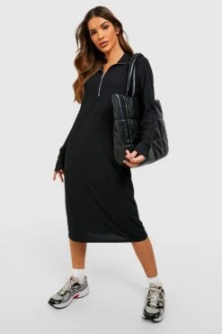 Vestito In Maglia Midi A Coste Con Zip Corta -Negozio al dettaglio Vestiti gzz47220 black xl 2