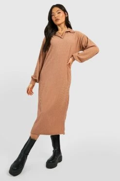 Vestito Midi In Maglia A Coste Morbide Con Colletto Stile Polo -Negozio al dettaglio Vestiti gzz47234 camel xl 2