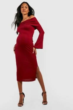 Vestito Longuette Premaman A Coste Con Scollo Bardot, Maniche Svasate E Spacco