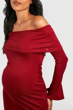 Vestito Longuette Premaman A Coste Con Scollo Bardot, Maniche Svasate E Spacco -Negozio al dettaglio Vestiti gzz47245 cerise xl 3