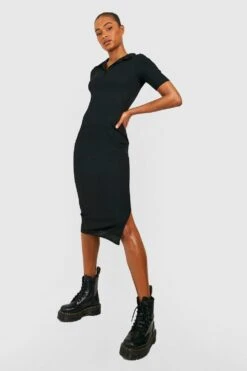 Vestito Midi Tall A Coste Con Colletto E Spacco Laterale -Negozio al dettaglio Vestiti gzz47280 black xl 2